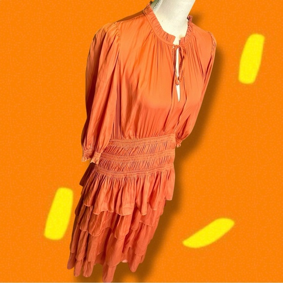 NWT Maje Orange ‘Radjinette’ Tiered Ruffle Satin Midi Dress French Size 42 = XL - Picture 14 of 16